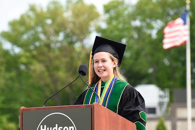 Grace Harrison speaking at commencement